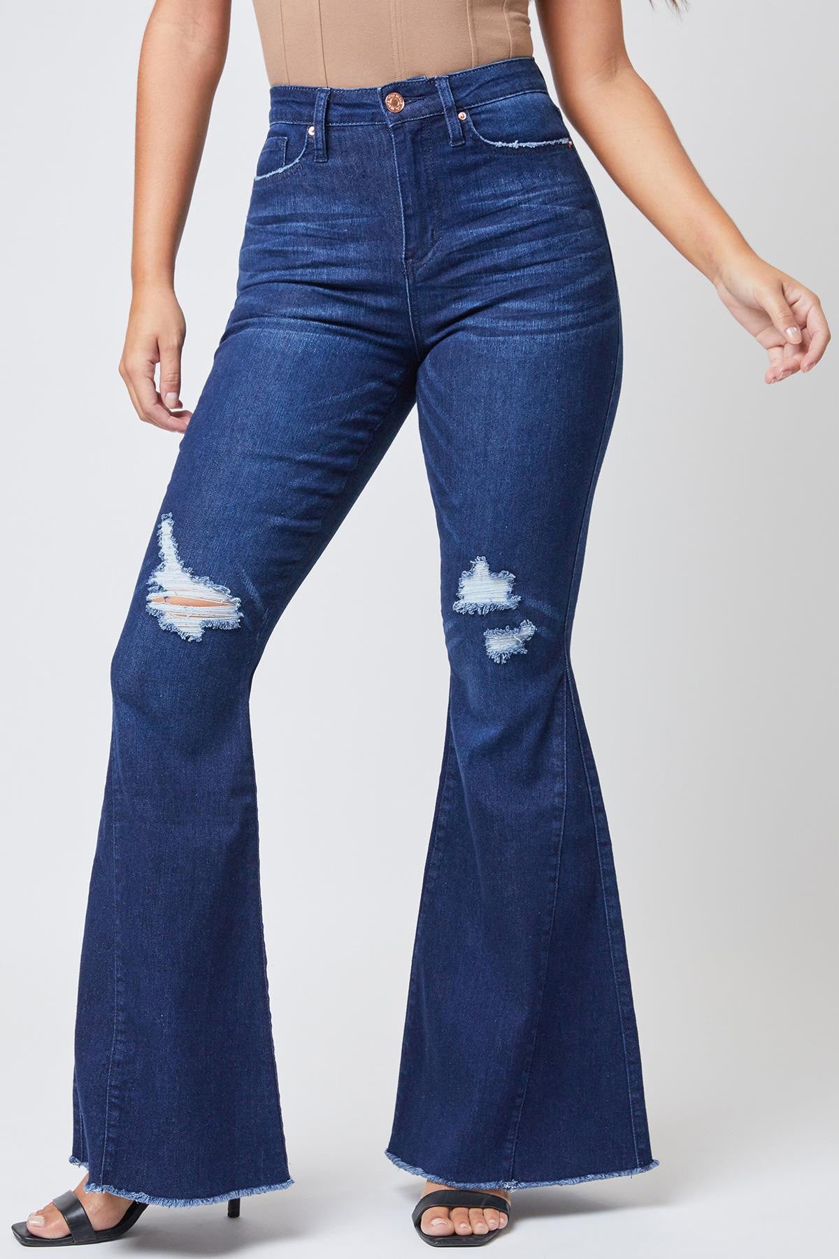 YMI Jeans Women's Plus High Rise Distressed Super Flare Jean