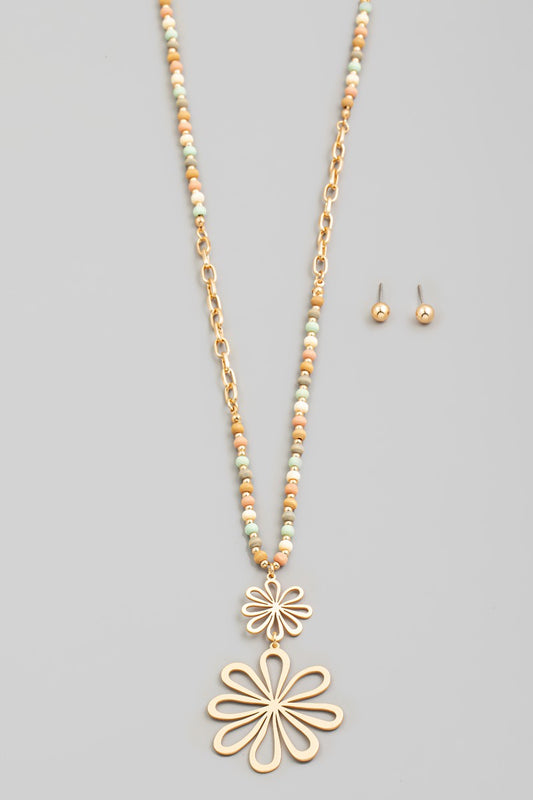 Fame Accesories Necklace Set Flower Pendant Long Beaded Cha