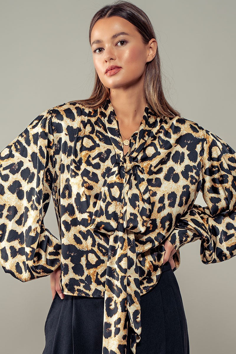 Trend:Notes Women's Tops Leopard Print Blouse with Tiea