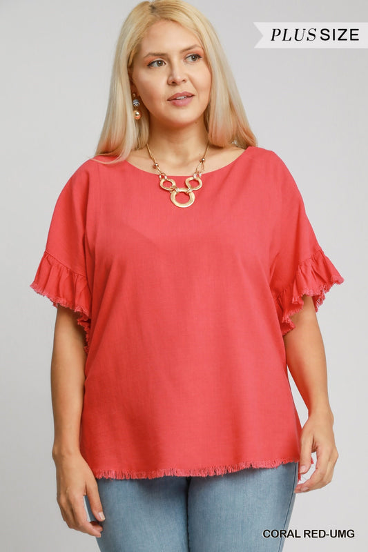 Umgee Women Top Plus Ruffle Sleeve Round Neck Top