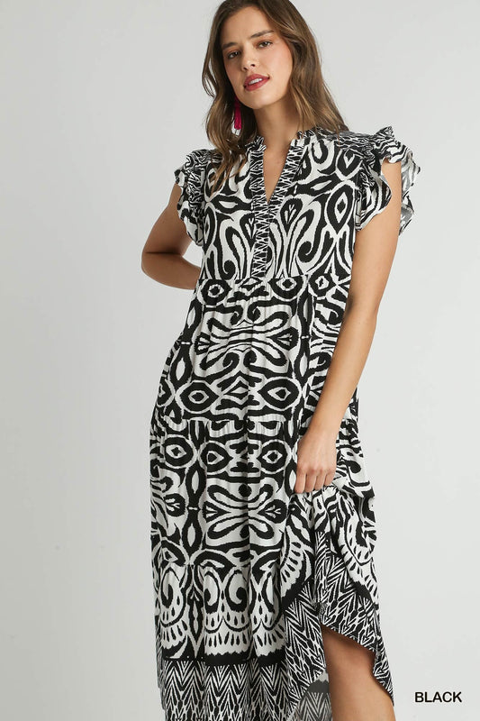 Umgee Women's Dresses Print Midi Dress with Ruffle