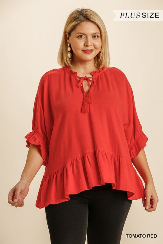 Umgee Women Top Plus Sleeve Top with Front Tassel