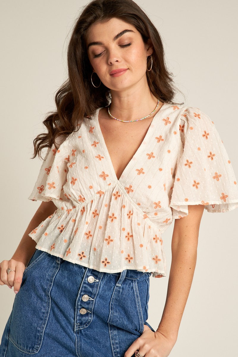 En Creme Women's Tops Eyelet Top Floral Top